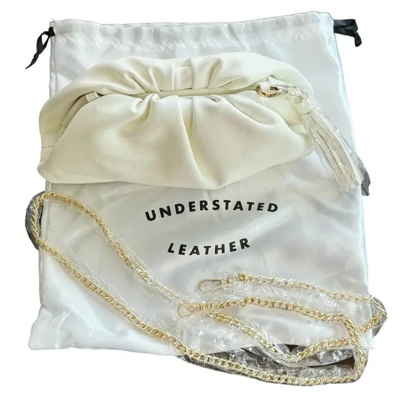 Understated Leather Vegan Ivory Crescent Clutch Gold Crossbody Chain w/Dust Bag - Picture 11 of 11